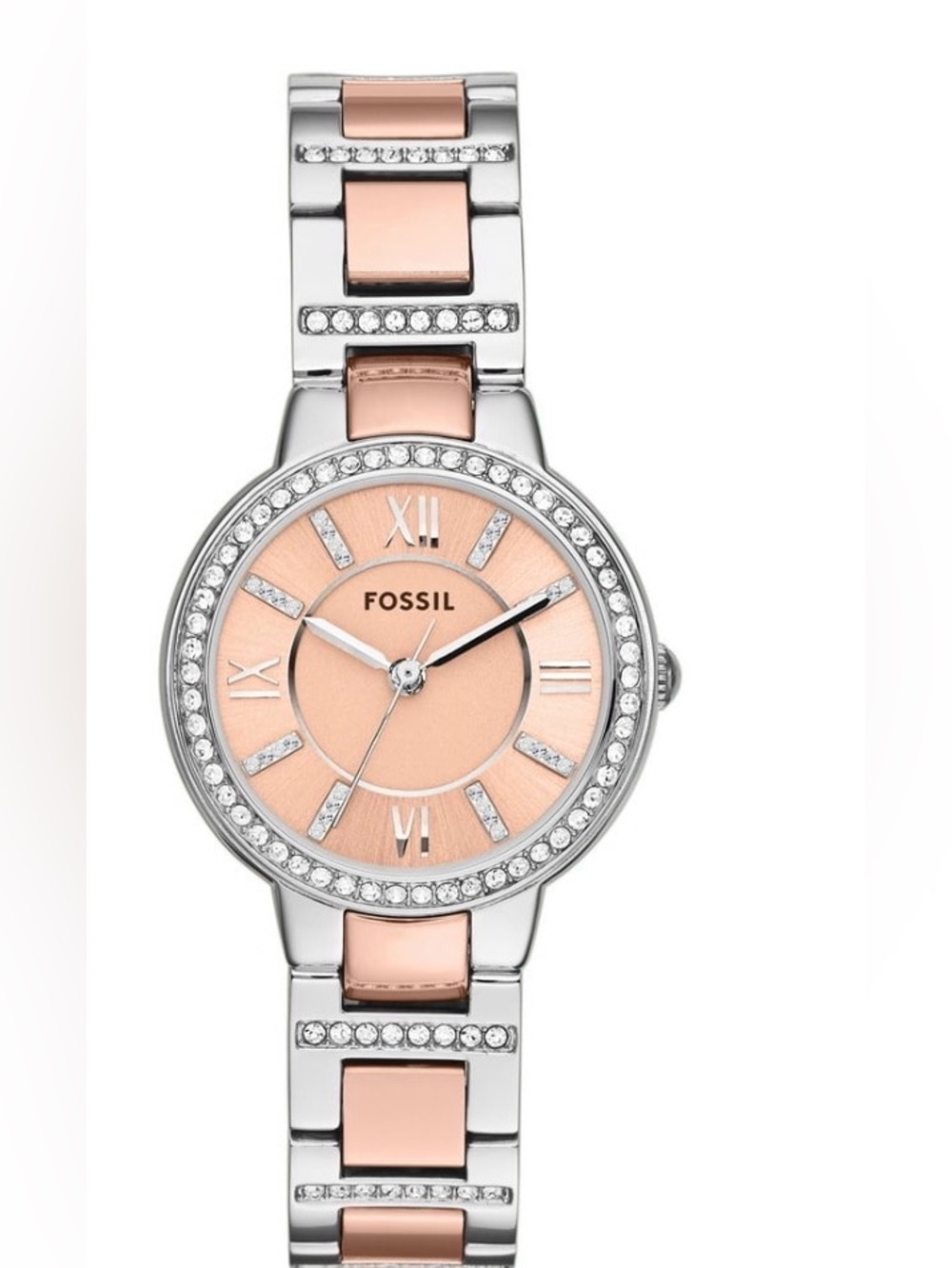 Fossil Two-Tone Rose Gold and Silver Crystal Bracelet Watch Womens